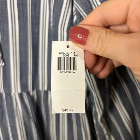 NWT Striped Tiered Lace-Up Mini Swing Dress, Blue Stripe Long Sleeve,‎ Large - Picture 7 of 17